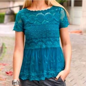 Sundance Teal Blue Lace Embroiderd Ruffled Blouse with Smocked Details
